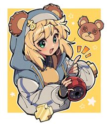  1boy :d androgyne_symbol animal_ears bear_ears black_gloves blonde_hair blue_jacket blush border bridget_(guilty_gear) choppy_bangs cropped_torso fake_animal_ears fingerless_gloves gloves green_eyes guilty_gear guilty_gear_strive hood hood_up hooded_jacket index_finger_raised itsuka_neru jacket long_sleeves looking_at_viewer male_focus notice_lines open_clothes open_jacket open_mouth outside_border roger_(guilty_gear) short_hair smile solo_focus star_(symbol) stuffed_animal stuffed_toy teddy_bear trap white_border yellow_background yo-yo 