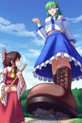  2girls absurdres alternate_size artist_logo ascot bare_shoulders blue_skirt blue_sky blue_sleeves blue_vest boots bow breasts broom brown_boots brown_hair clouds cloudy_sky collared_vest commentary day detached_sleeves english_commentary forest frilled_bow frilled_hair_tubes frilled_skirt frills frog_hair_ornament giant giantess green_eyes green_hair groin hair_between_eyes hair_ornament hair_tubes hakurei_reimu hakurei_shrine hand_up hands_up highres holding holding_broom impossible_clothes impossible_vest knee_boots kochiya_sanae lace-up_boots logo long_hair long_skirt looking_at_another looking_down medium_breasts medium_hair medium_skirt midriff midriff_peek multiple_girls nature navel no_eyes open_mouth outdoors raised_eyebrows red_bow red_ribbon red_skirt red_vest ribbon ribbon-trimmed_sleeves ribbon_trim rubble ruins sidelocks single_hair_tube skirt skirt_set sky small_breasts smile snake_hair_ornament straight_hair surprised thunderafterdark touhou two-tone_bow two-tone_sleeves two-tone_vest vest watermark white_bow white_sleeves white_vest yellow_ascot 
