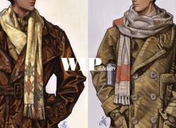  2boys buttons character_request check_character coat commentary_request cowboy_shot dalchi09 eyes_out_of_frame fringe_trim hands_in_pockets head_out_of_frame jacket kim_dokja korean_commentary looking_at_another male_focus multiple_boys omniscient_reader's_viewpoint parody scarf smile style_parody undershirt unfinished yoo_joonghyuk 