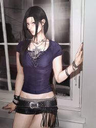  1girl artist_name bead_bracelet beads belt black_belt black_eyes black_hair black_nails black_shorts bleeehrghw bracelet breasts camera_flash closed_mouth collarbone commentary cowboy_shot cross cross_necklace ear_piercing eyelashes fingernails fishnet_top fishnets fringe_belt genderswap genderswap_(mtf) hand_on_wall highres indoors jewelry lipgloss long_fingernails long_hair looking_at_viewer low_side_ponytail lowleg lowleg_shorts makeup mascara medium_breasts midriff multiple_bracelets multiple_necklaces naruto_(series) necklace night parted_bangs piercing purple_shirt red-eye_effect ring shirt short_shorts short_sleeves shorts silver_necklace silver_piercing sitting studded_bracelet symbol-only_commentary tight_clothes tight_shirt uchiha_itachi v-neck vivienne_westwood window y2k_fashion 