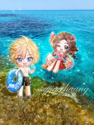  aerith_gainsborough aerith_gainsborough_(floral_delight) barefoot beach black_male_swimwear blonde_hair blue_eyes braid braided_ponytail chibi chibi_only cloud_strife cloud_strife_(wild_surf) commentary final_fantasy final_fantasy_vii final_fantasy_vii_rebirth final_fantasy_vii_remake flower food frilled_sleeves frills green_eyes hair_between_eyes hair_flower hair_ornament highres holding holding_food holding_popsicle holding_swim_ring male_swimwear ocean official_alternate_costume one_eye_closed open_mouth parted_bangs photo_background pink_flower pink_sarong pink_shirt popsicle qjiqiehuang sandals sarong shirt short_hair sidelocks single_braid smile spiky_hair swim_ring symbol-only_commentary topless_male twitter_username water 
