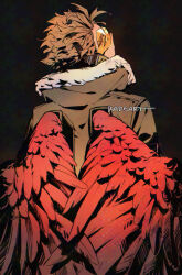  1boy artist_name boku_no_hero_academia brown_jacket ear_protection feathered_wings feathers from_behind fur-trimmed_jacket fur_trim goggles hawks_(boku_no_hero_academia) jacket kadeart looking_at_viewer looking_back male_focus red_feathers red_wings short_hair solo superhero_costume wings 
