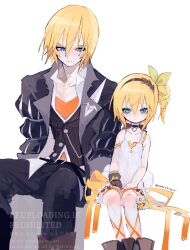  1boy 1girl absurdres bare_shoulders black_choker black_coat black_hairband black_pants black_vest blonde_hair blue_eyes boots brother_and_sister choker coat commentary_request dress edna_(tales) eizen_(tales) gloves green_ribbon hair_between_eyes hair_ribbon hairband highres invisible_chair leg_ribbon looking_at_another nancykittyu orange_shirt pants ribbon ribbon_choker shirt short_hair siblings side_ponytail simple_background single_glove sitting spaghetti_strap striped_clothes striped_vest tales_of_(series) tales_of_berseria vertical-striped_clothes vertical-striped_vest vest white_background white_dress 