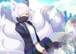  1girl animal_ears between_legs black_jacket black_shorts black_thighhighs blue_sky breasts brown_eyes cityscape clouds cloudy_sky commission copyright_request day fox_ears fox_girl fox_tail grey_hair hair_over_one_eye hand_between_legs hood hood_down hooded_jacket jacket kitsune kou_hiyoyo kyuubi looking_at_viewer mask medium_breasts mouth_mask multiple_tails open_clothes open_jacket outdoors rainbow shirt short_hair short_sleeves shorts skeb_commission sky solo tail thigh-highs white_shirt 