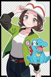  1girl bell-bottoms belt blue_pants blush breasts brown_hair closed_mouth collarbone commentary_request fangs green_jacket grey_eyes harmony_(pokemon) hat highres jacket long_sleeves mega_ring odorukaminoke open_clothes open_jacket open_mouth pants pokemon pokemon_(creature) pokemon_legends:_z-a red_belt sharp_teeth shirt short_hair smile striped_hat tail teeth totodile white_hat white_shirt 