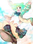  ame_erika angel_wings arms_up bow chibana_eri_kaori fang green_hair highres jumping macross macross_frontier navel open_mouth outstretched_arms pleated_skirt ranka_lee red_eyes school_uniform short_hair skirt smile solo spread_arms wings 