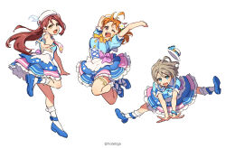  3girls ahoge arms_up blue_eyes blush bow bowtie brown_hair commentary_request dress flower frills grey_hair hair_flower hair_ornament hat high_heels highres hotechige kimi_no_kokoro_wa_kagayaiteru_kai? leg_up long_hair love_live! love_live!_sunshine!! multiple_girls necktie one_eye_closed open_mouth orange_hair red_eyes red_hair sakurauchi_riko short_hair simple_background skirt smile socks split spread_legs takami_chika thighs watanabe_you white_background 