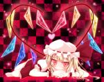  blonde_hair blush bow checkered checkered_background dress flandre_scarlet flat_gaze hat hat_bow heart heart_wings lying on_stomach razy_(skuroko) red_eyes short_hair smile solo the_embodiment_of_scarlet_devil touhou wings 