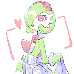  bob_cut bow colored_skin gardevoir green_hair green_skin hair_over_one_eye heart lowres multicolored_skin pink_bow pink_eyes pokemon pokemon_(creature) raine_(acke2445) simple_background smile two-tone_skin white_background white_skin 