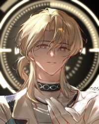  1boy blonde_hair blurry blurry_background bright_pupils dated gloves hair_between_eyes hand_up highres linlinzhong looking_at_viewer luuk_herssen_(wuthering_waves) male_focus missing_commentary offering_hand parted_lips portrait red_eyes signature smile solo white_gloves white_pupils wuthering_waves 