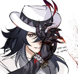  1boy arm_tattoo ashveil_(honkai:_star_rail) black_hair bracelet bright_pupils fedora fingernails gradient_hair grey_eyes hand_on_headwear hashtag-only_commentary hat hat_ornament highres honkai:_star_rail honkai_(series) jacket jewelry jjapbirder long_hair mechanical_arms multicolored_hair sharp_fingernails single_mechanical_arm tattoo white_jacket 