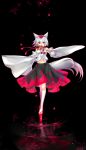  animal_ears bad_id detached_sleeves geta hat highres inubashiri_momiji midriff navel red_eyes ripples sakuyosi short_hair silver_hair solo stand standing tail tengu-geta tokin_hat touhou water wide_sleeves wolf_ears wolf_tail 