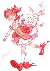  1girl brooch choker commentary_request dated dress frilled_socks frills full_body gloves highres jewelry kaname_madoka korean_commentary kyubey magical_girl mahou_shoujo_madoka_magica open_mouth pink_dress pink_eyes pink_hair puffy_short_sleeves puffy_sleeves red_choker red_shoes shoes short_sleeves sideways_glance signature simple_background smile socks user_tfey2833 white_background white_gloves white_socks 