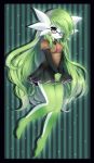  1girl ;) bare_legs between_breasts black-framed_glasses black_border blush border frills gardevoir green_hair highres long_hair midna01 one_eye_closed pokemon skirt smile solo vertical-striped_background vertical_stripes very_long_hair violet_eyes 