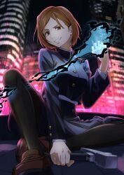  1girl :d absurdres aura black_jacket blurry blurry_background brown_eyes brown_hair brown_shoes buttons cityscape commentary dual_wielding eyelashes fighting_stance full_body girugiru_(tektonics6588) grin hammer hand_up highres holding holding_hammer holding_nail jacket jpeg_artifacts jujutsu_kaisen knee_up kugisaki_nobara loafers long_sleeves looking_at_viewer nail_(hardware) night nose outdoors parted_bangs shoes short_hair smile solo spread_legs v-shaped_eyebrows 