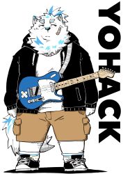  1boy absurdres alternate_costume animal_ears animal_nose bandaid bandaid_on_face black_jacket black_shoes blue_fur brown_shorts cargo_shorts character_name closed_mouth dog_boy dog_ears dog_tail full_body furry furry_male highres hood hood_down hooded_jacket jacket live_a_hero looking_to_the_side male_focus multicolored_fur multicolored_hair open_clothes open_jacket plump ponytail shirt shoes shorts simple_background sneakers socks solo standing streaked_hair tail tauyu07 thick_eyebrows white_background white_fur white_shirt white_socks yohack 