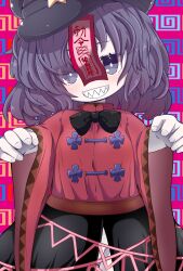  1girl black_bow black_bowtie black_hat black_skirt blue_eyes bow bowtie bright_pupils commentary_request fingernails hat highres jiangshi looking_at_viewer medium_hair miyako_yoshika muuba ofuda outstretched_arms purple_hair red_shirt sharp_teeth shirt skirt solo teeth touhou white_pupils wide_sleeves zombie_pose 