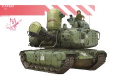  1boy absurdres artist_name caterpillar_tracks combat_helmet commentary english_commentary gatling_gun green_hat green_jacket hat helmet highres jacket m61_vulcan military_vehicle motor_vehicle nose_art original patso_catso radio_antenna radome soldier solo star_(symbol) tank united_states_army vehicle_focus 