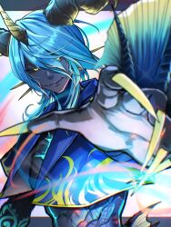  1boy black_sclera blue_hair blue_horns blue_shirt colored_sclera commentary_request cropped_shirt deep_blue_(ff14) final_fantasy final_fantasy_xiv fingernails fins fish_boy gills hand_up highres horns long_hair looking_at_viewer male_focus monster_boy open_clothes open_shirt reaching reaching_towards_viewer sharp_fingernails shiroesa shirt solo upper_body yellow_eyes yellow_horns 