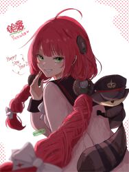  1girl absurdres ahoge animal_on_back blurry blurry_foreground blush braid braided_twintails cardigan character_name chest_bow commentary_request english_commentary from_behind green_eyes grin hair_ornament hair_ribbon hand_up happy_new_year hearing_aid highres kamanosuke_(zenless_zone_zero) long_hair looking_at_viewer looking_back mirimiri21 mixed-language_commentary parted_lips pink_cardigan raccoon red_hair ribbon smile sphere_hair_ornament tanuki twitter_username ukinami_yuzuha upper_body white_background white_ribbon zenless_zone_zero 