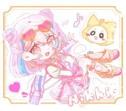  1girl absurdres animal arm_warmers bag blush_stickers braid cat checkered_clothes checkered_dress chibi chinese_commentary clothed_animal commentary_request commission cone_hair_bun copyright_name dot_nose dotted_line double_bun dress ear_covers eyelashes eyes_visible_through_hair eyewear_on_head frilled_dress frills gradient-tinted_eyewear hair_bun happy head_only heart heart-shaped_eyewear highres hood hood_up infinity_nikki leg_warmers loafers looking_at_viewer medium_hair momo_(nikki) multicolored_hair musical_note nikki_(series) open_mouth orange-tinted_eyewear outside_border outstretched_arm overall_skirt overalls picture_frame pink-tinted_eyewear pink_arm_warmers pink_bag pink_dress pink_eyes pink_hair pink_overalls pink_shoes pleated_dress sample_watermark shirt shoes short_dress shoulder_bag side_braids simple_background sitting smile spoken_musical_note star-shaped_bag streaked_hair sunglasses sweet_rhapsody_(infinity_nikki) t-shirt tinted_eyewear twin_braids watermark white_background white_cat y2k_fashion yejiangsangsangsangsang yellow-framed_eyewear yellow_hood yellow_leg_warmers yellow_shirt 