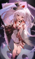  1girl :d absurdres animal_ears black_gloves black_hat braid breasts clothing_cutout commentary diamond_(shape) diamond_facial_mark facial_mark gloves hat heart heart_facial_mark highres honkai:_star_rail honkai_(series) long_hair long_sleeves looking_at_viewer nannaspad rabbit_ears red_eyes shoulder_cutout single_glove smile solo spade_(shape) sparkle_(honkai:_star_rail) sparxie_(honkai:_star_rail) standing thigh_strap top_hat twintails v white_hair wide_sleeves 