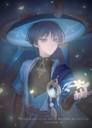  1boy anemo_symbol_(genshin_impact) arm_at_side armor artist_name belt black_belt black_bodysuit black_bow black_bridal_gauntlets black_shorts blue_cape blue_eyes blue_gem blue_hat blue_kimono blue_rope blue_sash blue_sleeves blunt_ends bodysuit bow bridal_gauntlets cape choppy_bangs covered_collarbone eyeliner feathers fingernails flower furisode gem genshin_impact glowing glowing_flower glowing_gem glowing_petals gold hair_intakes hakama hakama_shorts hand_up hashtag-only_commentary hat highres japanese_armor japanese_clothes jingasa juban kimono kote kurokote layered_sleeves looking_to_the_side makeup male_focus mamecha_an mandarin_collar night open_clothes open_hand open_kimono outdoors parted_lips petals pleated_shorts pom_pom_(clothes) purple_rope red_eyeliner rope sash scaramouche_(genshin_impact) short_sleeves shorts shoulder_peek solo tassel tsurime upper_body vision_(genshin_impact) wanderer_(genshin_impact) watermark white_kimono white_sleeves white_trim yellow_feathers yellow_flower yellow_petals 