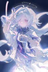  1girl ahoge black_background bloom bracelet brooch chinese_commentary closed_mouth colored_eyelashes commentary_request expressionless feet_out_of_frame floating_hair from_above hair_ornament hair_over_one_eye halo highres jacket jewelry long_bangs long_hair mornye_(wuthering_waves) multiple_rings one_eye_covered open_clothes open_jacket prosthesis prosthetic_leg puffy_short_sleeves puffy_sleeves red_eyes ring short_sleeves shuiyuan solo standing triangle_hair_ornament very_long_hair white_eyelashes white_hair white_jacket wuthering_waves 