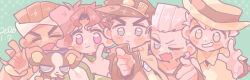  6+boys animal asymmetrical_hair bandana blue_eyes blush_stickers brown_hair closed_eyes collared_shirt commentary dark-skinned_male dark_skin dated dog earrings fang flattop gakuran green_background grin hat iggy_(jojo) index_finger_raised jean_pierre_polnareff jewelry jojo_no_kimyou_na_bouken jojo_pose joseph_joestar joseph_joestar_(old) kakyoin_noriaki kakyoin_noriaki's_pose kujo_jotaro kujo_jotaro's_pose looking_at_viewer male_focus mohammed_avdol multiple_boys one_eye_closed open_mouth parted_bangs pink_eyes pointing pointing_at_viewer popped_collar red_eyes rizometa28 scar scar_on_face school_uniform shirt smile stardust_crusaders v-shaped_eyebrows white_hair 