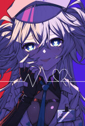  1girl :d absurdres between_breasts black_gloves blue_eyes blue_necktie breasts commentary_request excited fang fingerless_gloves florence_(girls'_frontline_2) girls'_frontline_2:_exilium girls_frontline gloves hair_between_eyes hand_on_own_cheek hand_on_own_face hand_up hat heart heart-shaped_pupils highres id_card jacket kakuzatou_(cubesugar03196) long_hair looking_at_viewer medium_breasts necktie necktie_between_breasts pa-15_(girls'_frontline) smile solo symbol-shaped_pupils upper_body very_long_hair white_hair white_jacket 