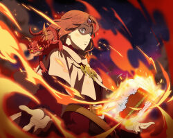  1girl absurdres belt black_clover black_clover_m:_rise_of_the_wizard_king book brown_belt brown_hair capelet fana_(human)_(black_clover) fire forehead_jewel grimoire highres long_hair looking_at_viewer magic non-web_source official_art open_book pyrokinesis salamander_(black_clover) solo upper_body white_capelet 