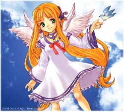  1girl 2001 animal artist_name bad_id bird blonde_hair blue_bird blue_choker blue_sky border breasts cherie_espoir chest_ribbon choker closed_mouth clouds commentary_request dated dress earrings feathered_wings green_eyes jewelry legs_apart long_hair long_sleeves lowres marl_kingdom medium_breasts multiple_wings red_ribbon rhapsody ribbon ribbon-trimmed_dress ribbon-trimmed_sleeves ribbon_trim saikachi_(ogre_tree) sky smile sphere_earrings standing white_border white_dress white_wings wings 