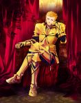  armor blonde_hair chin_rest crossed_legs curtains earrings fate/stay_night fate_(series) full_armor gilgamesh hali highres jewelry legs_crossed male red_eyes short_hair sitting smile solo 