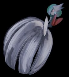  1girl aqua_hair arched_back black_background bob_cut colored_skin commentary dark dress elbow_gloves gardevoir gloves hair_over_one_eye long_dress mega_gardevoir mega_pokemon no_mouth one_eye_covered pink_eyes pokemon pokemon_(creature) rey_(pixiv_95560830) short_hair simple_background solo white_dress white_gloves white_skin 