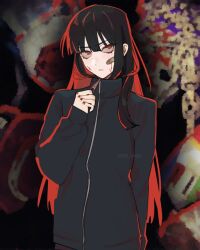  1girl artist_name bandaid bandaid_on_cheek bandaid_on_face black_hair black_jacket blurry blurry_background closed_mouth commentary english_commentary eyelashes highres jacket lets_lam3nt limbus_company long_hair official_alternate_costume project_moon red_eyes ryoshu_(project_moon) scar scar_on_face solo standing track_suit twitter_username watermark zipper zipper_pull_tab 