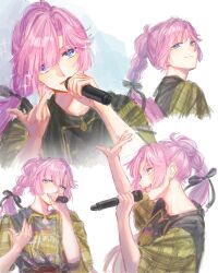  1girl 5th_live_tour_~4pair_power_spread!!!!~ :d absurdres anyoji_hime arm_up black_ribbon black_shirt blue_eyes closed_mouth commentary_request curtained_hair hair_ribbon highres holding holding_microphone ichigo_milk_love link!_like!_love_live! long_hair looking_at_viewer love_live! microphone multi-tied_hair multiple_views music open_mouth pink_hair plaid_clothes plaid_sleeves ponytail ribbon shirt sidelocks singing smile t-shirt virtual_youtuber yellow_sleeves zenma_trang 