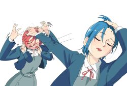  2girls afterimage blue_hair blue_jacket blush commentary_request dress embarrassed grey_dress hand_on_another's_cheek hand_on_another's_face hand_on_own_head headpat highres jacket jujutsu_kaisen long_sleeves love_live! love_live!_superstar!! medium_dress meme mondashi0223 multiple_girls naoya_hitting_choso_without_looking_(meme) neck_ribbon nose_blush open_clothes open_jacket open_mouth parody pinafore_dress pleated_dress red_hair red_ribbon ribbon school_uniform short_hair simple_background sleeveless sleeveless_dress sweat v-shaped_eyebrows wakana_shiki white_background yoneme_mei yuigaoka_school_uniform yuri 