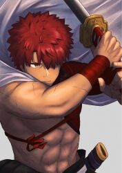  1boy abs brown_eyes cape commentary_request emiya_shirou fate/grand_order fate_(series) highres holding holding_sword holding_weapon katana male_focus messy_hair muscular muscular_male senji_muramasa_(fate) single_bare_shoulder solo sword syu_99_fgo02 toned toned_male unworn_cape weapon white_cape 