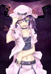  green_eyes hat merry_nightmare midriff navel purple_hair ribbon ryo_(sora-ryu) short_hair solo wink yumekui_merry 