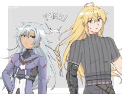  1boy 1girl ^^^ a_(xenoblade) ahoge androgynous armored_bodysuit asymmetrical_bangs belt blonde_hair blue_eyes border braid commentary core_crystal_(xenoblade) earrings english_commentary grey_background grey_hair grey_shirt hair_between_eyes highres intertwined_hair jewelry long_hair open_mouth outside_border parted_bangs pax_(seo7h) shirt shulk_(xenoblade) single_earring sweatdrop white_border xenoblade_chronicles_(series) xenoblade_chronicles_3 xenoblade_chronicles_3:_future_redeemed 
