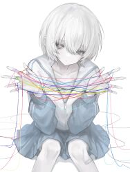  1girl bandaid bandaid_on_leg blue_skirt collarbone grey_eyes hair_between_eyes hands_up heterochromia highres jacket looking_at_viewer open_clothes open_jacket original pale_skin pleated_skirt short_hair simple_background sitting skirt solo string string_around_finger track_jacket white_background white_hair zi_qi_xiang 