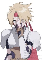  1boy armor black_bodysuit blonde_hair bodysuit brown_eyes brown_gloves cape cress_albane fingerless_gloves gloves hand_on_own_face headband highres male_focus nancykittyu open_mouth red_cape red_headband short_hair simple_background solo sweat tales_of_(series) tales_of_phantasia upper_body white_background 