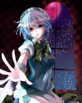  apron bad_id blue_eyes bow braid breasts full_moon heterochromia izayoi_sakuya maid maid_headdress moon night night_sky outstretched_arm outstretched_hand red_eyes red_moon ribbon sekiji_miko short_sleeves sky solo the_embodiment_of_scarlet_devil touhou twin_braids window yuutera_miko 