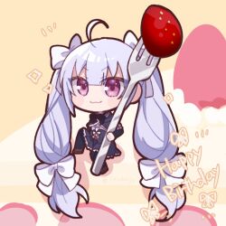 1girl :3 ahoge assault_lily black_pantyhose black_skirt chibi chibi_only commentary_request food fork fruit happy_birthday holding holding_fork long_hair miriam_hildegard_von_gropius no_nose pantyhose pleated_skirt ponokaijo shirt skirt solo strawberry twintails very_long_hair violet_eyes white_shirt 