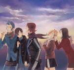  blonde_hair blue_eyes brown_hair can closed_eyes cloud clouds coat drink eyes_closed hair_over_one_eye kurosu_jun lisa_silverman mishina_eikichi persona persona_2 power_lines scarf sky sunset suou_tatsuya tam_(cuq) toggles 