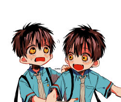  2boys aged_down aoirnn backpack bag blue_shirt brothers brown_hair child collared_shirt commentary_request english_commentary fangs hanako_(jibaku_shounen_hanako-kun) highres jibaku_shounen_hanako-kun looking_at_another male_focus multiple_boys necktie open_mouth shirt short_hair siblings simple_background twins upper_body white_background yellow_eyes yugi_tsukasa 