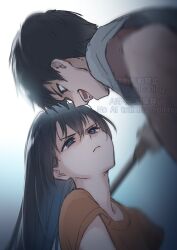  1boy 1girl 9s_(yamamoto_yamato) black_hair blue_background blue_eyes blurry blurry_background brown_shirt closed_mouth depth_of_field dutch_angle eye_contact gradient_background hair_between_eyes half-closed_eyes long_hair looking_at_another mineshima_yuu mizuki_riko open_mouth sakagami_touma shirt short_sleeves v-shaped_eyebrows watermark white_background white_shirt 