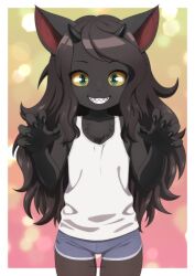  1girl animal_ears black_fur black_hair child claw_pose claws colored_sclera commentary commission english_commentary flat_chest furry furry_female green_eyes highres horns long_hair looking_at_viewer open_mouth original scarletknives-x sharp_teeth shirt short_shorts shorts sleeveless sleeveless_shirt smile solo teeth white_shirt yellow_sclera 