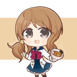  1girl :d assault_lily black_shirt black_thighhighs blue_skirt blush bow bowl bowtie brown_background brown_hair chibi chopsticks commentary_request cowboy_shot food frilled_skirt frills grey_eyes hair_ornament hands_up herensuge_girls_academy_school_uniform high-waist_skirt highres holding holding_bowl holding_chopsticks iijima_renka jacket long_sleeves looking_at_viewer low_side_ponytail miniskirt noodles open_clothes open_jacket open_mouth ponokaijo ramen red_bow red_bowtie school_uniform shirt side_ponytail skirt smile standing star_(symbol) star_hair_ornament thigh-highs twitter_username two-tone_background v-shaped_eyebrows white_background white_jacket 