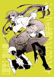  1boy 1girl axe black_boots black_gloves black_pants black_roots boo_br boots carrying coat commentary_request dress fern_(sousou_no_frieren) fingerless_gloves full_body fur-trimmed_coat fur_trim gloves hair_between_eyes hair_ornament hairclip half_updo highres holding holding_axe holding_staff jacket long_dress long_hair monochrome pants parted_lips short_hair shoulder_carry sidelocks sousou_no_frieren staff stark_(sousou_no_frieren) twitter_username white_jacket yellow_background 